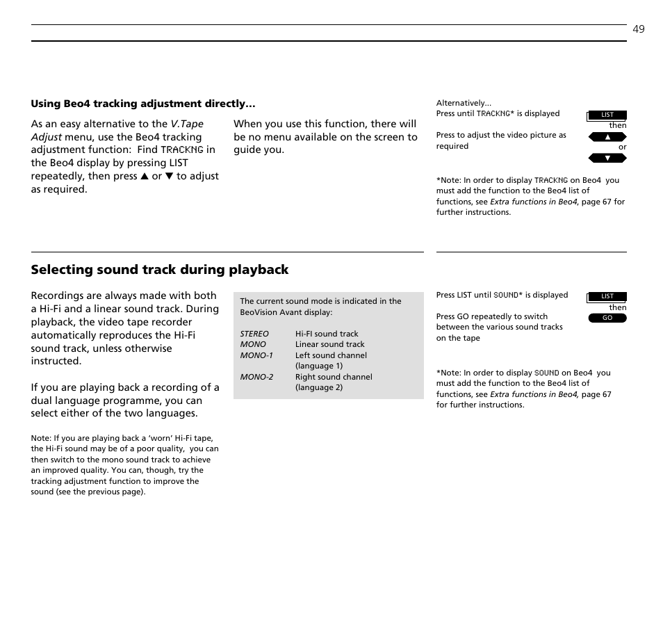 Selecting sound track during playback | Bang & Olufsen BeoVision Avant (1995-2005) - User Guide User Manual | Page 49 / 72