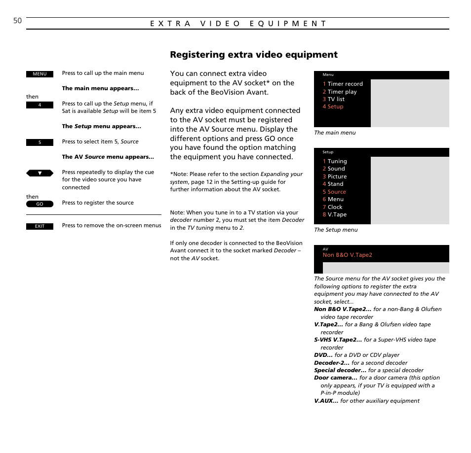 Registering extra video equipment | Bang & Olufsen BeoVision Avant (1995-2005) - User Guide User Manual | Page 50 / 72