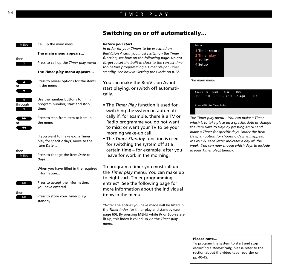 Timer play, Switching on or off automatically | Bang & Olufsen BeoVision Avant (1995-2005) - User Guide User Manual | Page 58 / 72