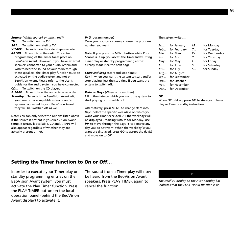 Setting the timer function to on or off | Bang & Olufsen BeoVision Avant (1995-2005) - User Guide User Manual | Page 59 / 72