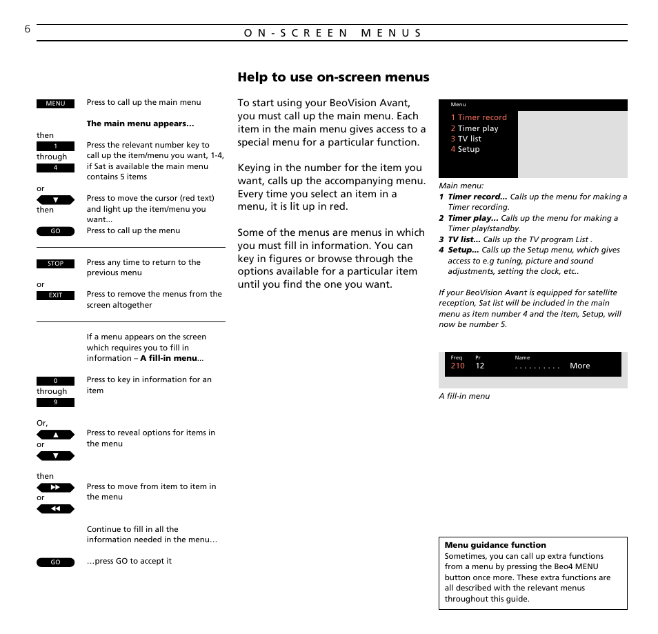 Help to use on-screen menus | Bang & Olufsen BeoVision Avant (1995-2005) - User Guide User Manual | Page 6 / 72