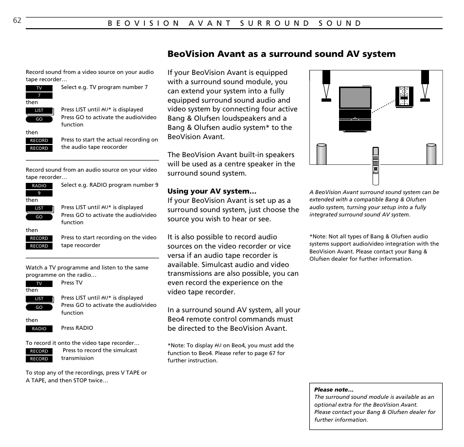 Beovision avant as a surround sound av system | Bang & Olufsen BeoVision Avant (1995-2005) - User Guide User Manual | Page 62 / 72