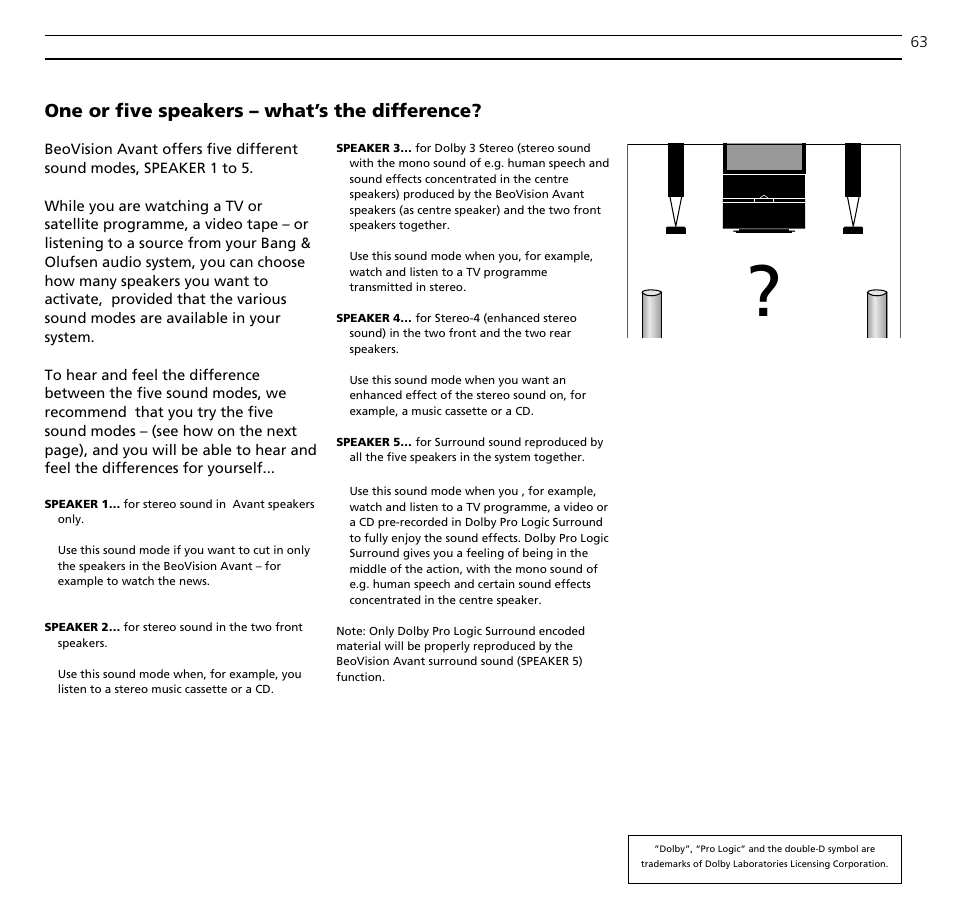 One or five speakers – what’s the difference | Bang & Olufsen BeoVision Avant (1995-2005) - User Guide User Manual | Page 63 / 72