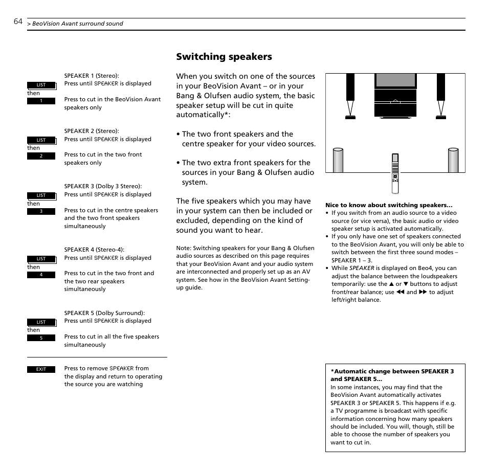 Switching speakers | Bang & Olufsen BeoVision Avant (1995-2005) - User Guide User Manual | Page 64 / 72