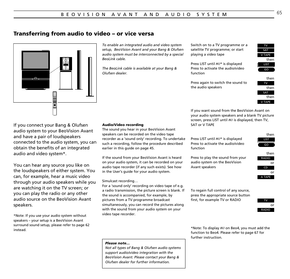 Transferring from audio to video – or vice versa | Bang & Olufsen BeoVision Avant (1995-2005) - User Guide User Manual | Page 65 / 72