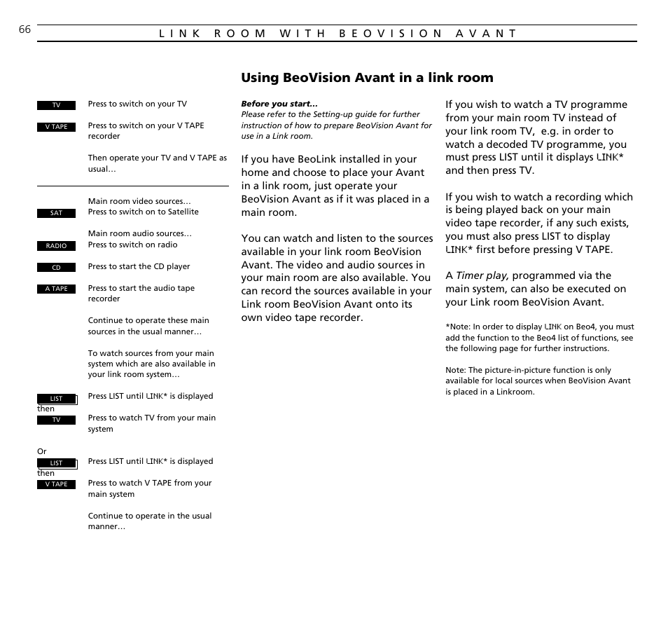 Using beovision avant in a link room | Bang & Olufsen BeoVision Avant (1995-2005) - User Guide User Manual | Page 66 / 72