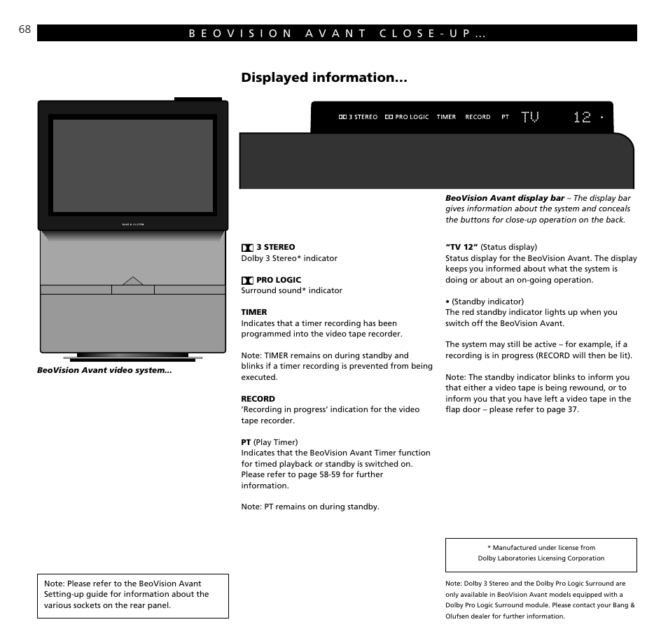 Close-up operation, Displayed information | Bang & Olufsen BeoVision Avant (1995-2005) - User Guide User Manual | Page 68 / 72