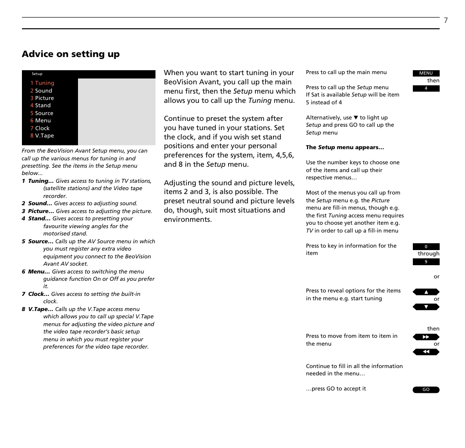 Advice on setting up | Bang & Olufsen BeoVision Avant (1995-2005) - User Guide User Manual | Page 7 / 72