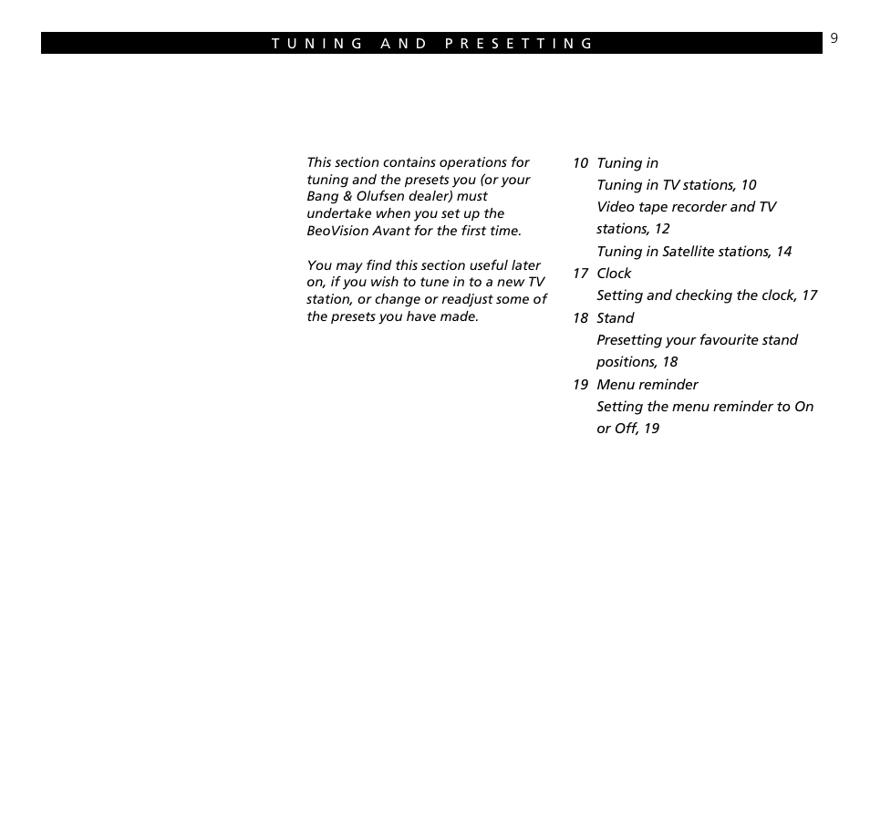 Tuning and presetting | Bang & Olufsen BeoVision Avant (1995-2005) - User Guide User Manual | Page 9 / 72