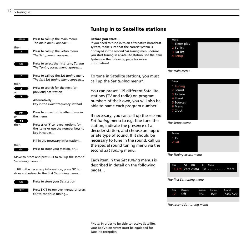 Tuning in to satellite stations | Bang & Olufsen BeoVision Avant CTV (1995-2005) - User Guide User Manual | Page 12 / 56