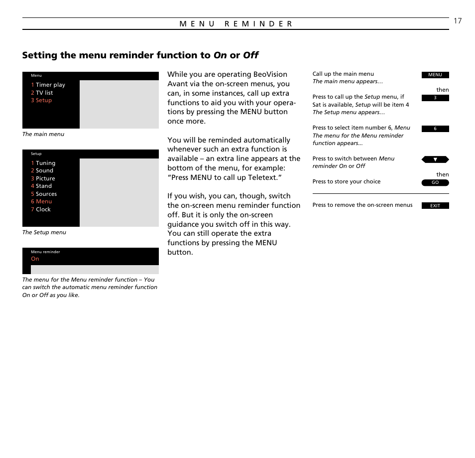 Setting the menu reminder function to on or off | Bang & Olufsen BeoVision Avant CTV (1995-2005) - User Guide User Manual | Page 17 / 56