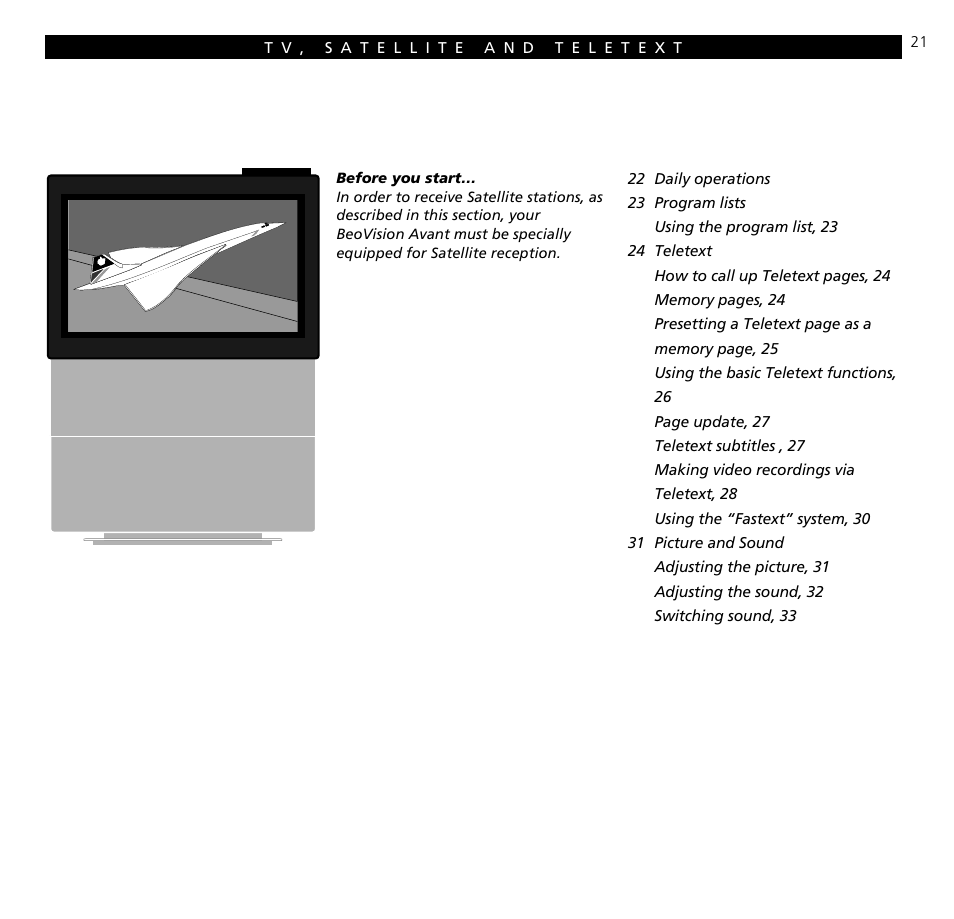 Tv, satellite and teletext | Bang & Olufsen BeoVision Avant CTV (1995-2005) - User Guide User Manual | Page 21 / 56