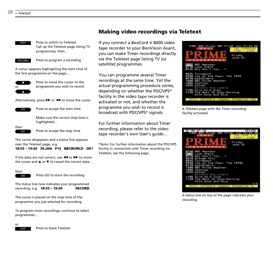 Making video recordings via teletext | Bang & Olufsen BeoVision Avant CTV (1995-2005) - User Guide User Manual | Page 28 / 56