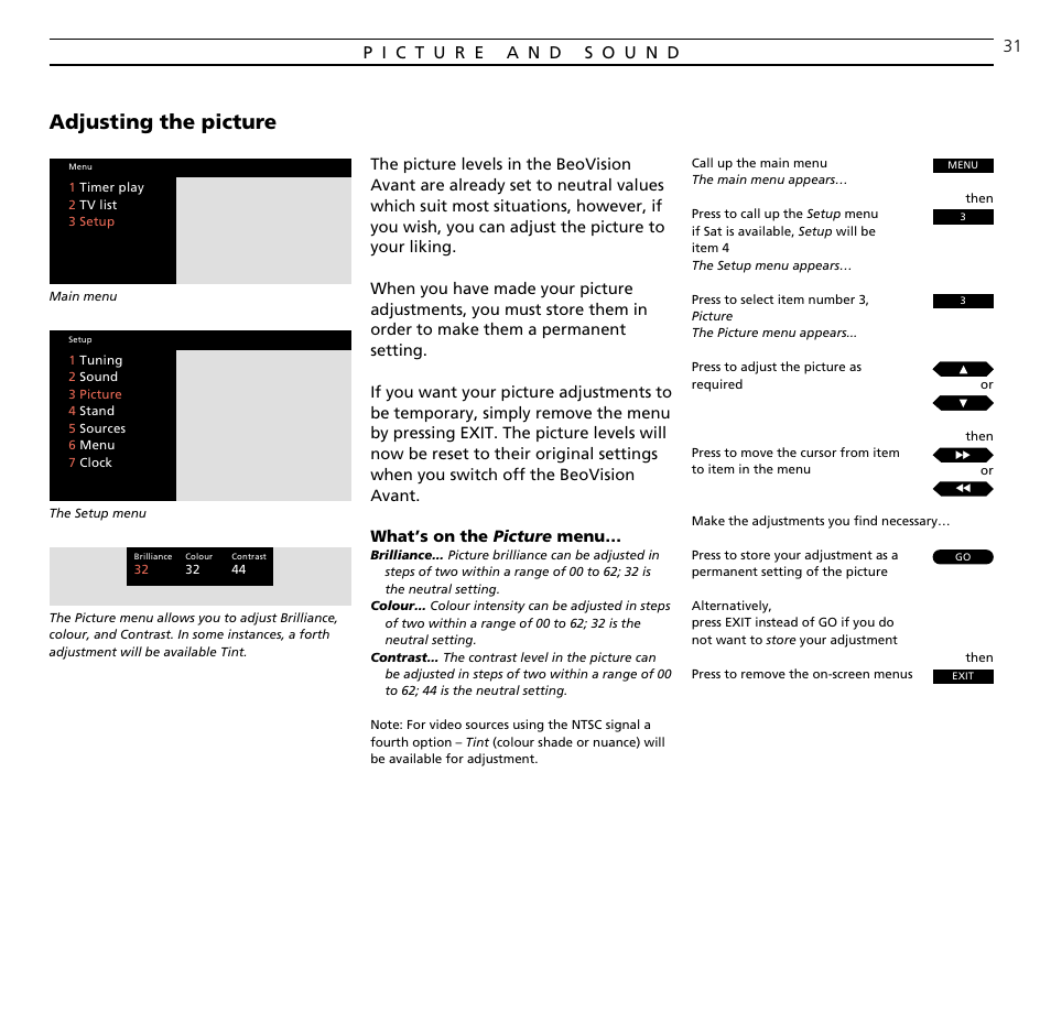 Adjusting the picture | Bang & Olufsen BeoVision Avant CTV (1995-2005) - User Guide User Manual | Page 31 / 56