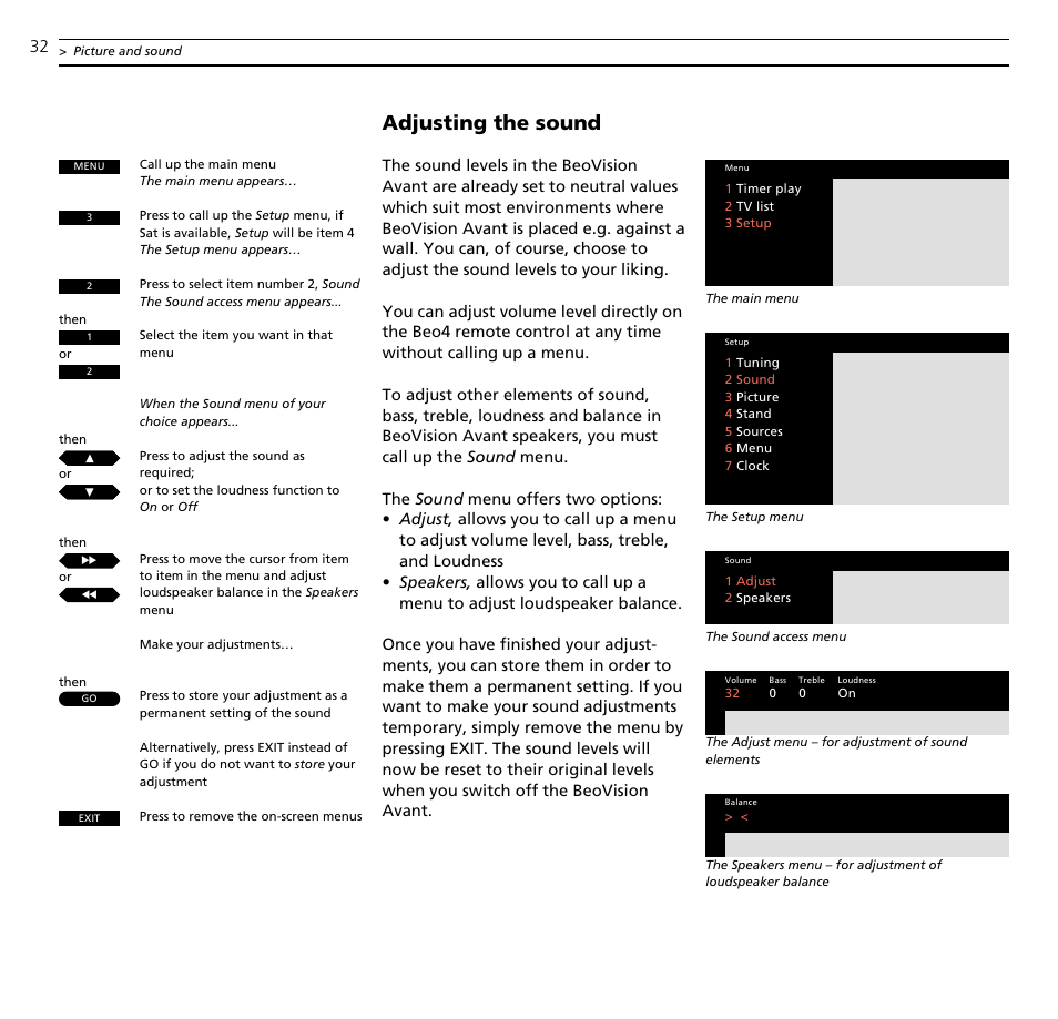 Adjusting the sound | Bang & Olufsen BeoVision Avant CTV (1995-2005) - User Guide User Manual | Page 32 / 56
