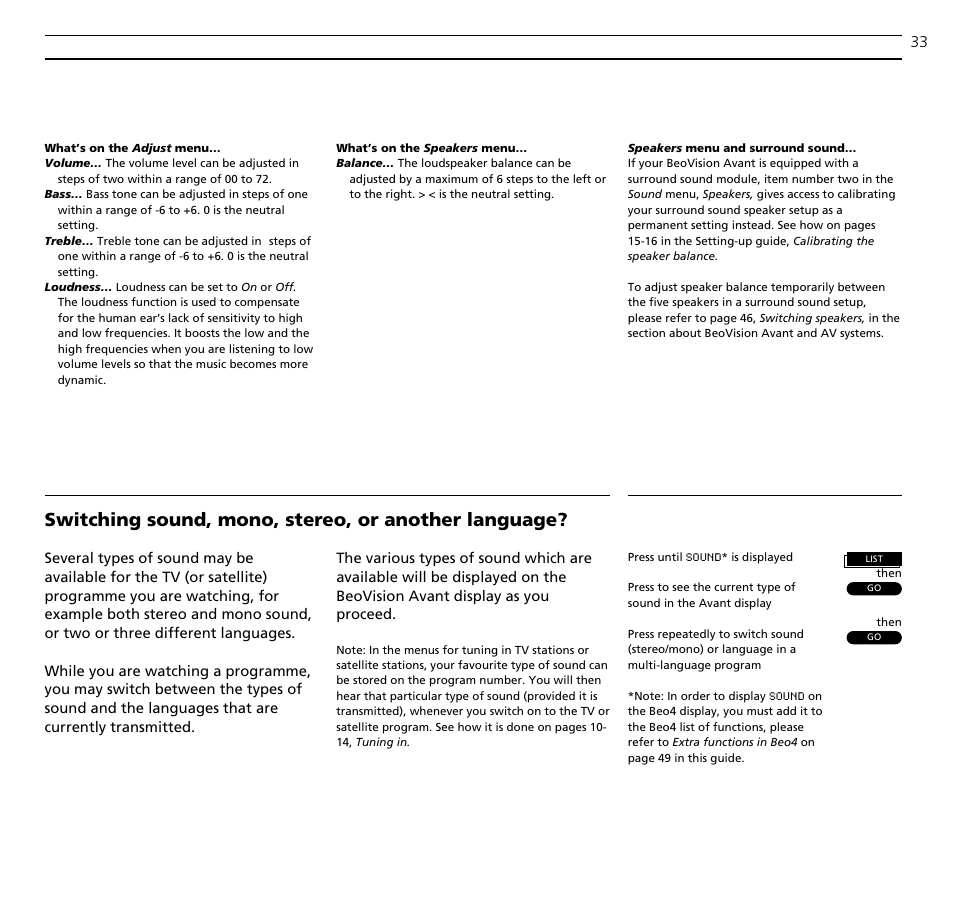 Switching sound, mono, stereo, or another language | Bang & Olufsen BeoVision Avant CTV (1995-2005) - User Guide User Manual | Page 33 / 56