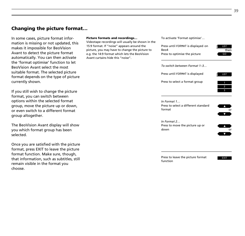Changing the picture format | Bang & Olufsen BeoVision Avant CTV (1995-2005) - User Guide User Manual | Page 39 / 56