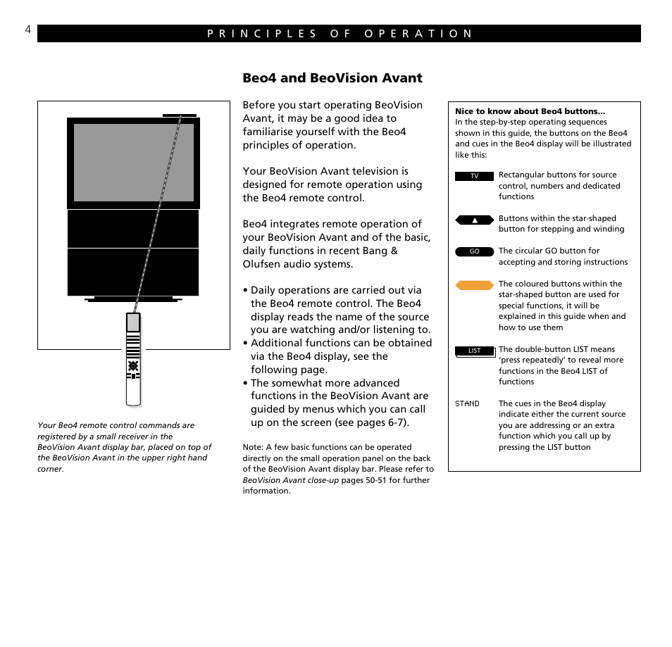 Principles of operation, Beo4 and beovision avant | Bang & Olufsen BeoVision Avant CTV (1995-2005) - User Guide User Manual | Page 4 / 56