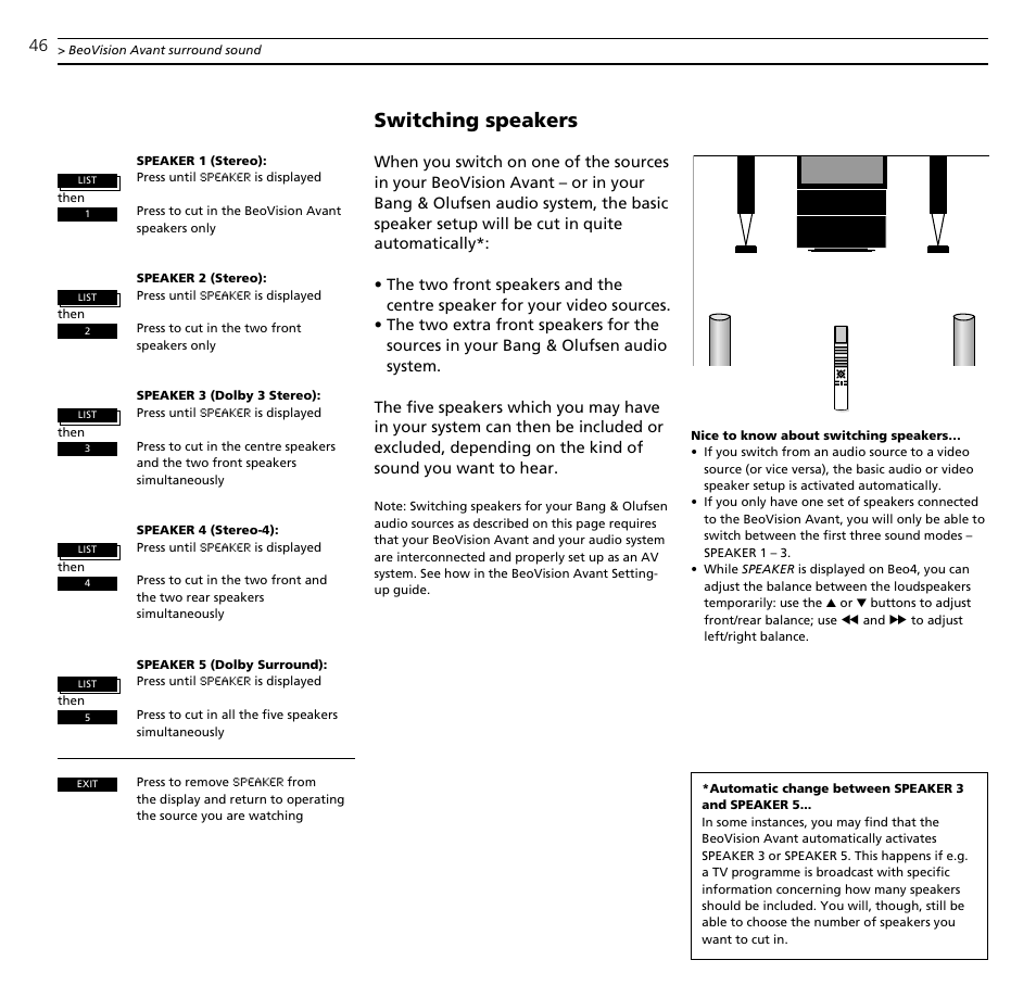 Switching speakers | Bang & Olufsen BeoVision Avant CTV (1995-2005) - User Guide User Manual | Page 46 / 56