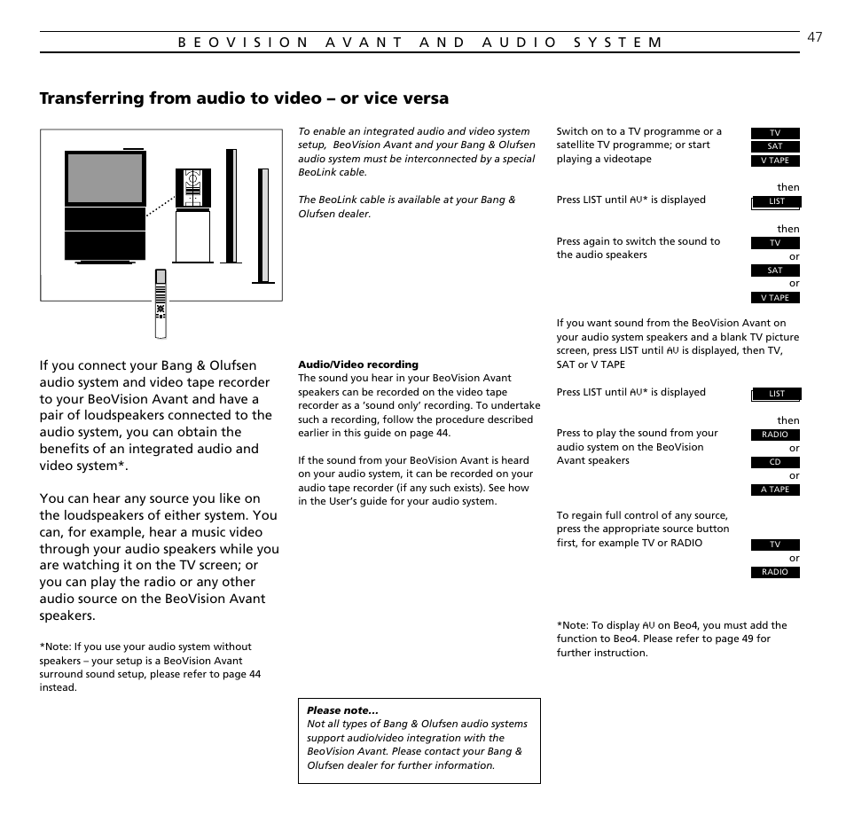 Transferring from audio to video – or vice versa | Bang & Olufsen BeoVision Avant CTV (1995-2005) - User Guide User Manual | Page 47 / 56