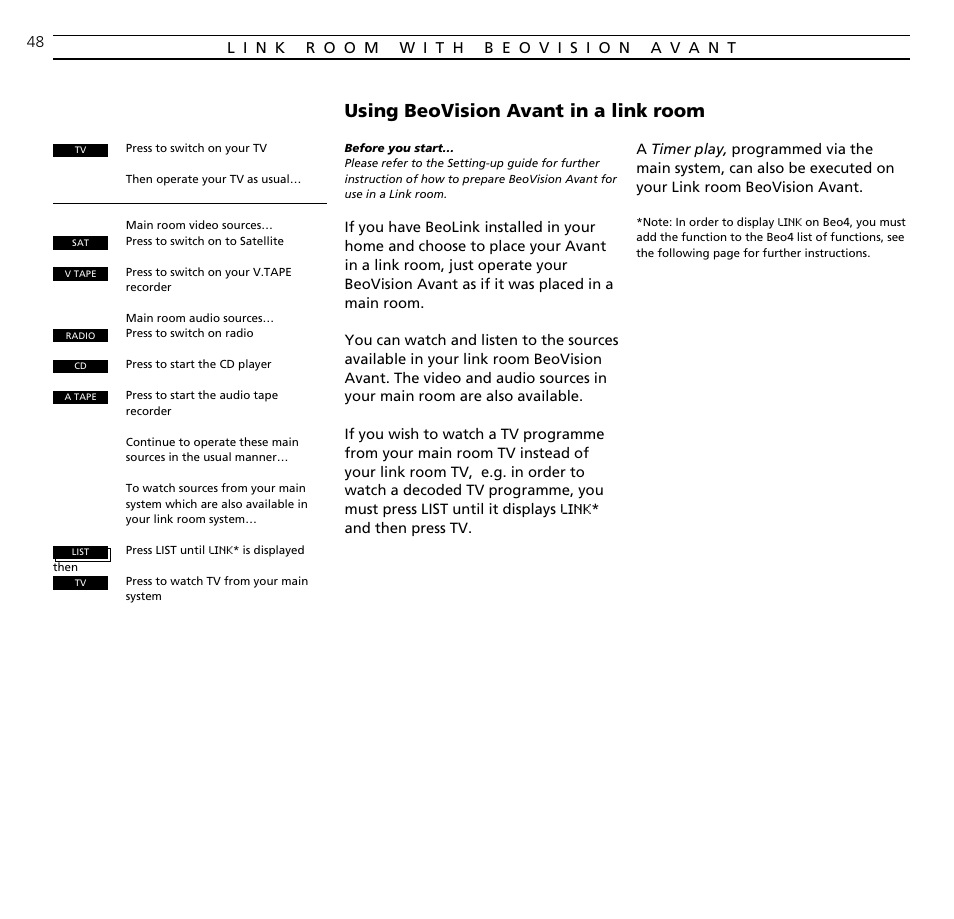 Using beovision avant in a link room | Bang & Olufsen BeoVision Avant CTV (1995-2005) - User Guide User Manual | Page 48 / 56