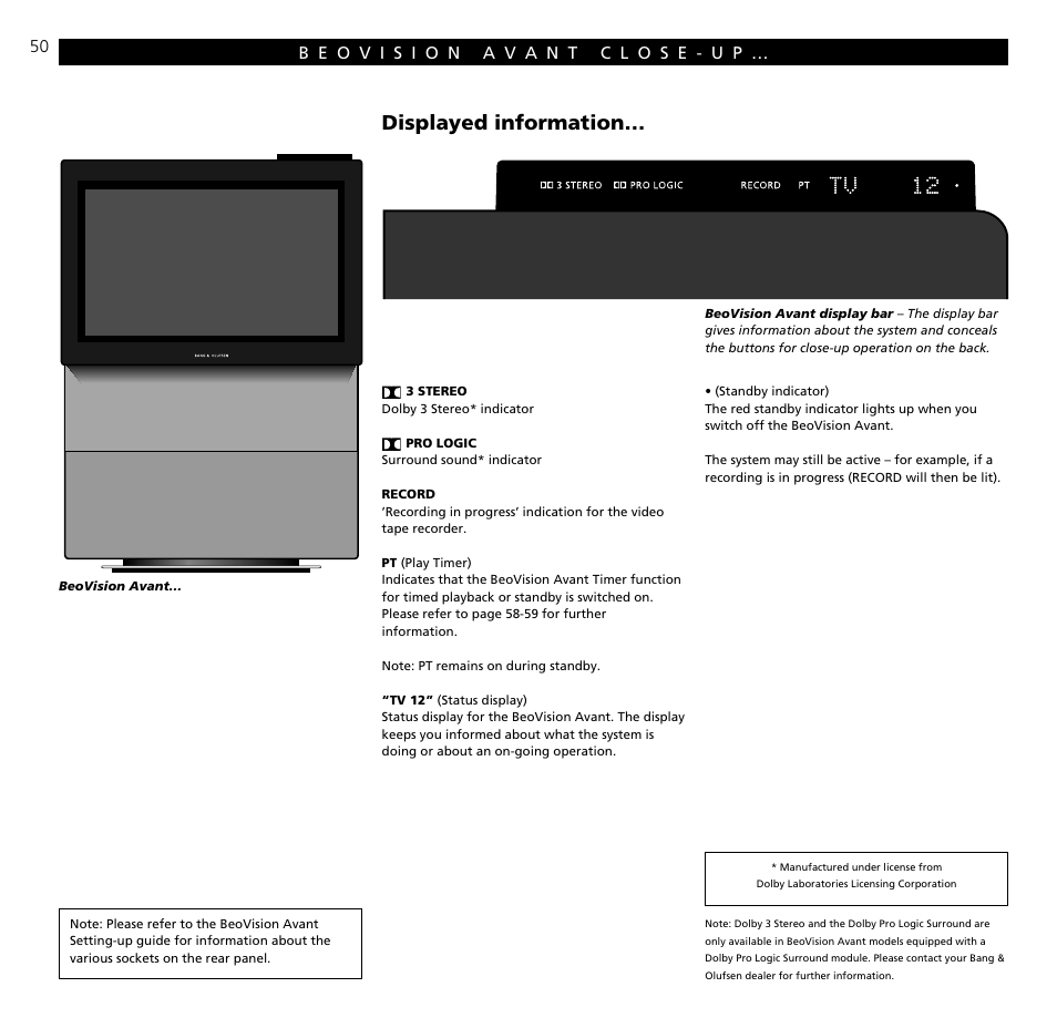 Close-up operation, Displayed information | Bang & Olufsen BeoVision Avant CTV (1995-2005) - User Guide User Manual | Page 50 / 56