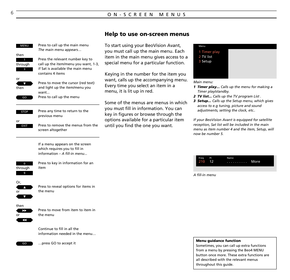 Help to use on-screen menus | Bang & Olufsen BeoVision Avant CTV (1995-2005) - User Guide User Manual | Page 6 / 56