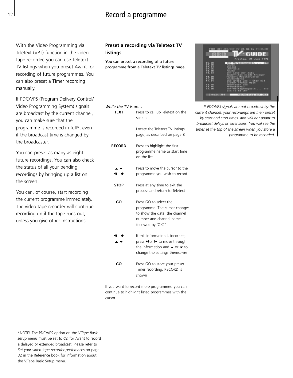 Record a programme, Preset a recording via teletext tv listings | Bang & Olufsen BeoVision Avant Real Flat Version (1995-2005) - User Guide User Manual | Page 12 / 18