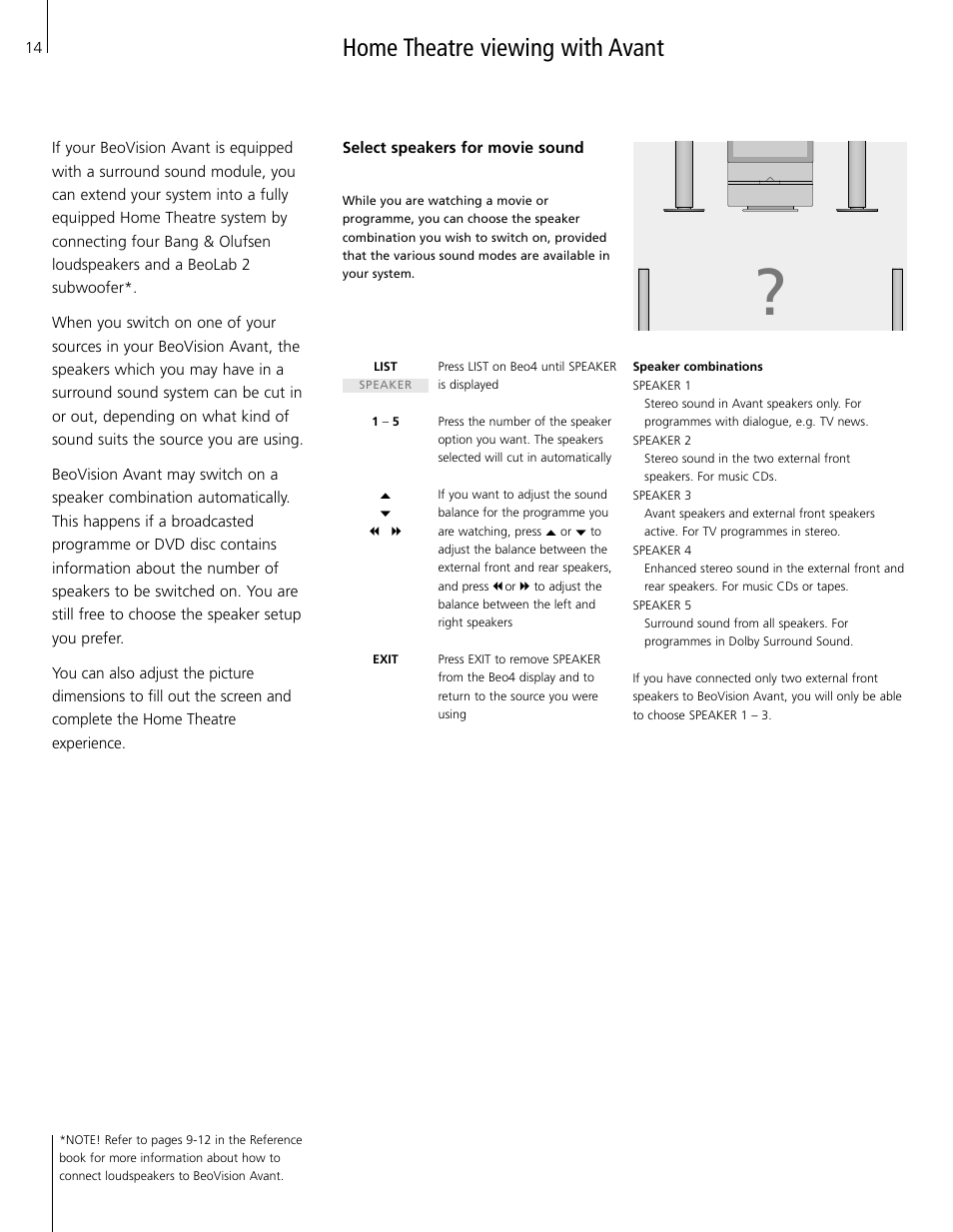 Home theatre viewing with avant, Select speakers for movie sound | Bang & Olufsen BeoVision Avant Real Flat Version (1995-2005) - User Guide User Manual | Page 14 / 18