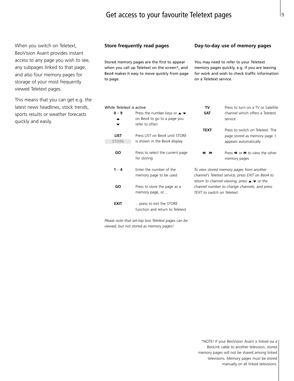 Get access to your favourite teletext pages | Bang & Olufsen BeoVision Avant Real Flat Version (1995-2005) - User Guide User Manual | Page 9 / 18