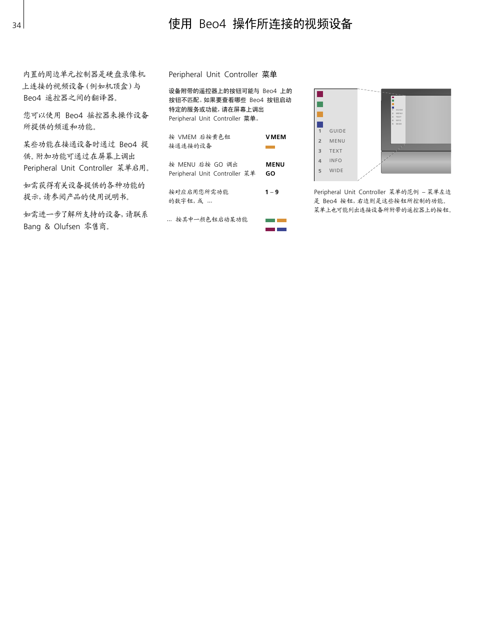 使用 beo4 操作所连接的视频设备, Peripheral unit controller 菜单 | Bang & Olufsen HDR 2 - User Guide User Manual | Page 34 / 56