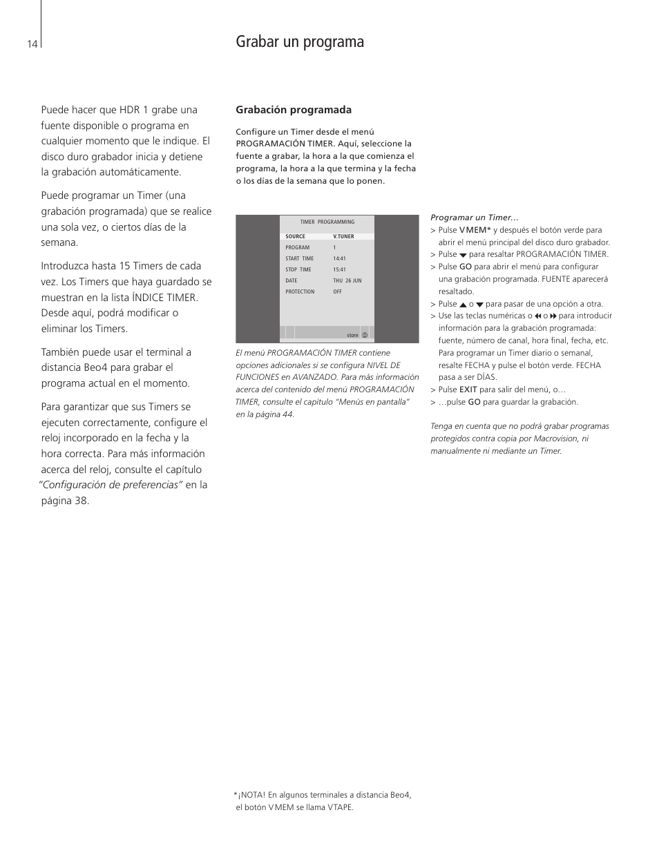 Grabar un programa, Grabación programada | Bang & Olufsen HDR 1 - User Guide User Manual | Page 14 / 56