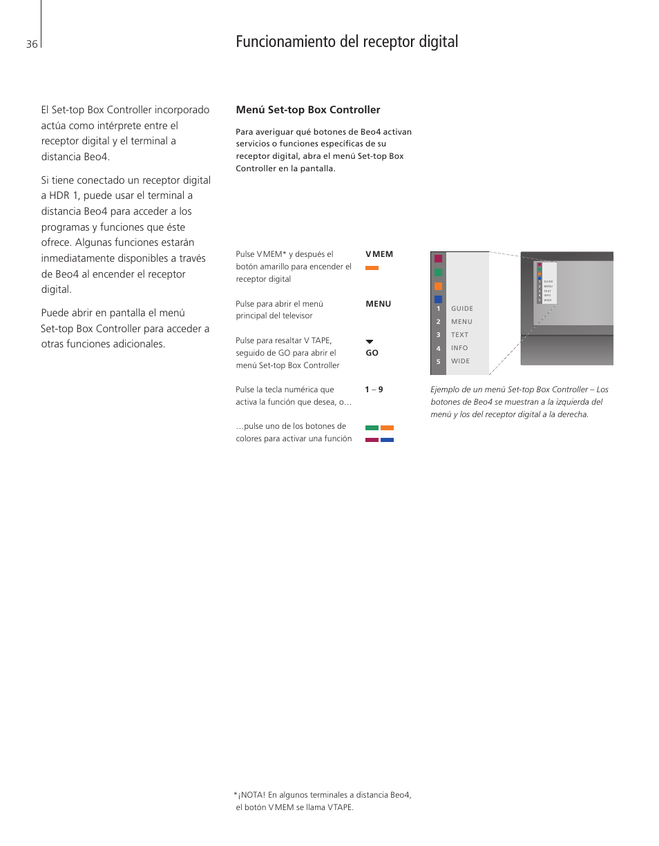 Funcionamiento del receptor digital, Menú set-top box controller | Bang & Olufsen HDR 1 - User Guide User Manual | Page 36 / 56