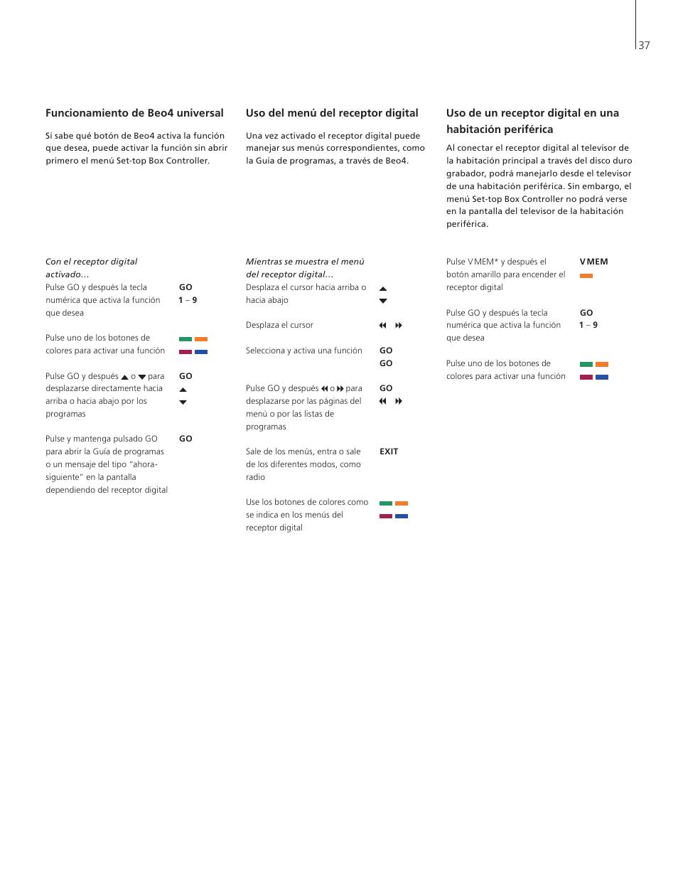 Funcionamiento de beo4 universal, Uso del menú del receptor digital | Bang & Olufsen HDR 1 - User Guide User Manual | Page 37 / 56