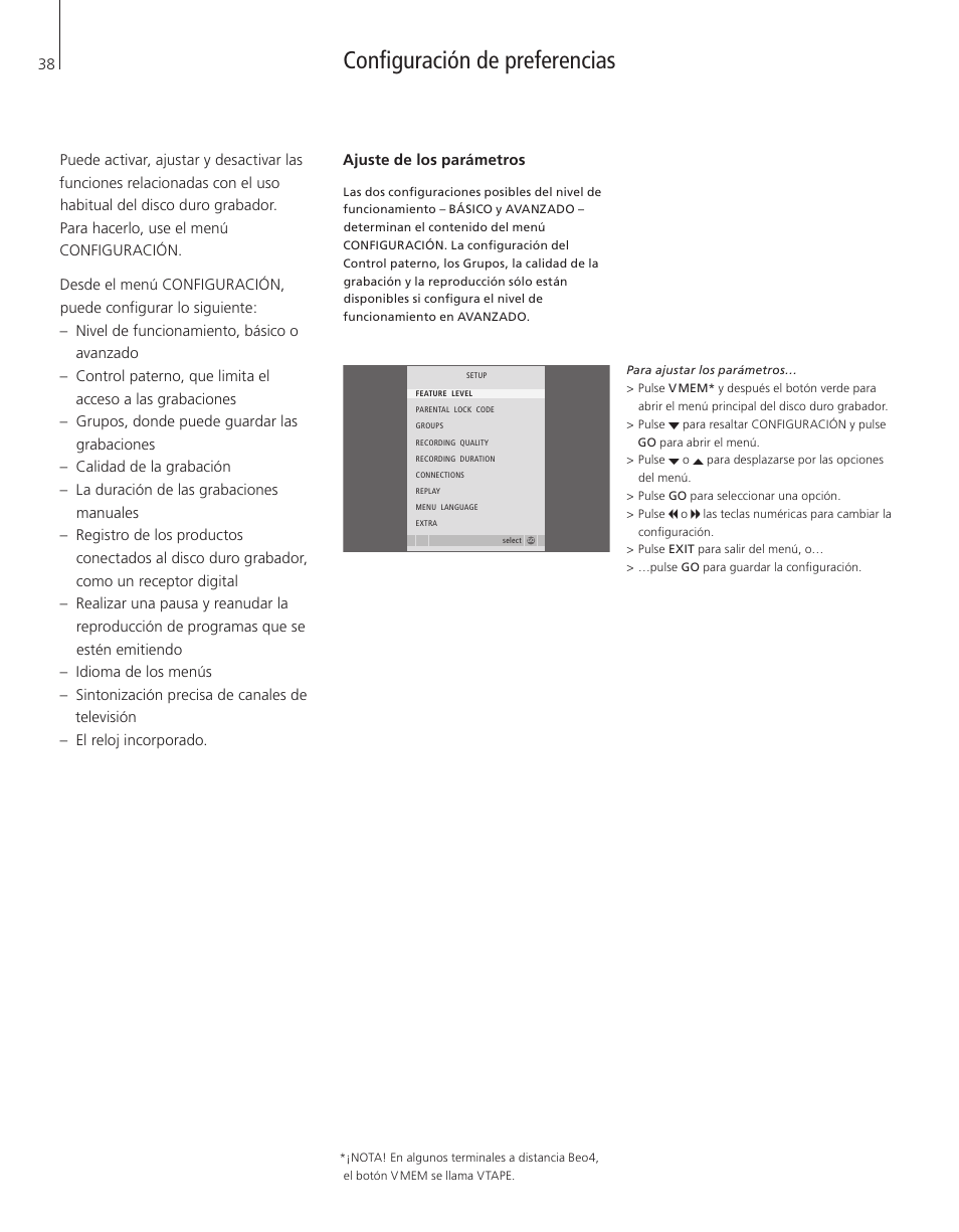 Configuración de preferencias, Ajuste de los parámetros | Bang & Olufsen HDR 1 - User Guide User Manual | Page 38 / 56