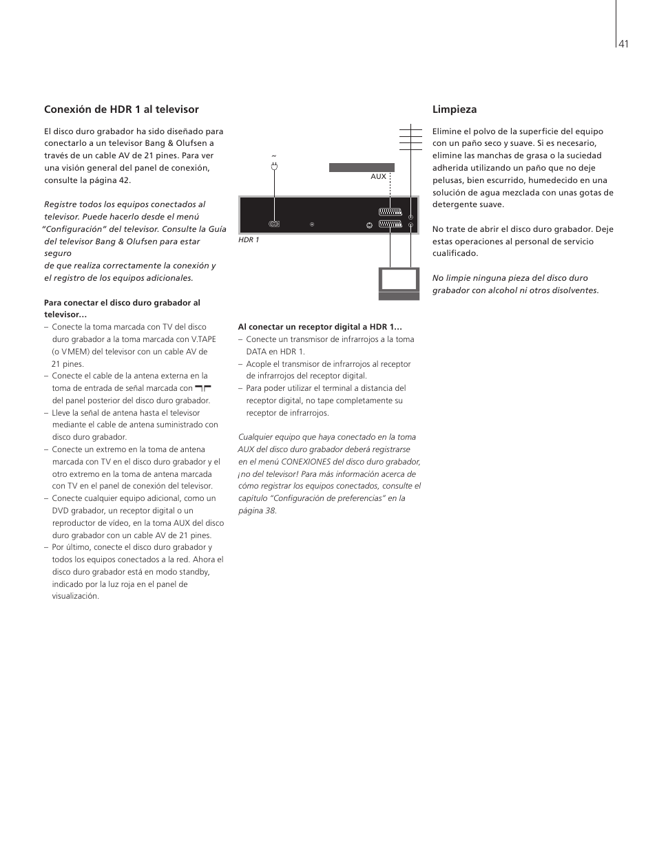 Conexión de hdr 1 al televisor, Limpieza | Bang & Olufsen HDR 1 - User Guide User Manual | Page 41 / 56