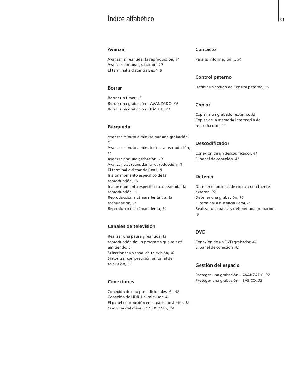 Índice alfabético | Bang & Olufsen HDR 1 - User Guide User Manual | Page 51 / 56