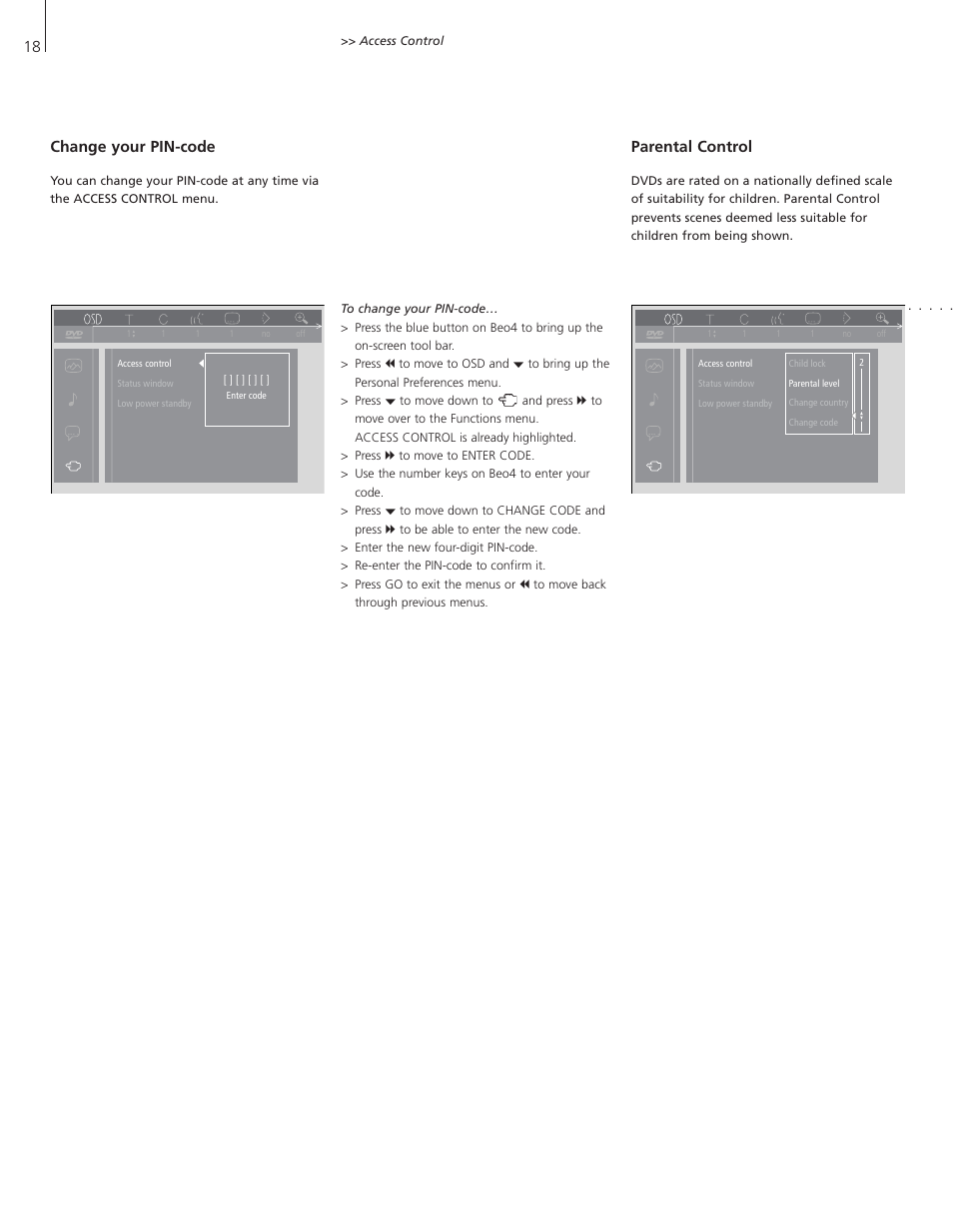 Change your pin-code, Parental control | Bang & Olufsen DVD 1 - User Guide User Manual | Page 18 / 23