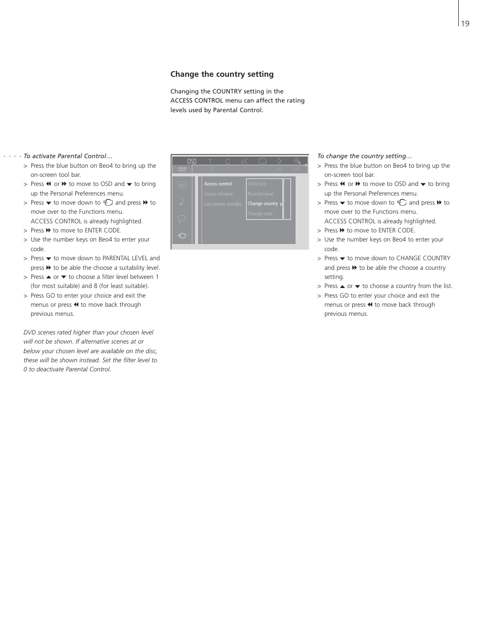 Change the country setting, 19 change the country setting | Bang & Olufsen DVD 1 - User Guide User Manual | Page 19 / 23