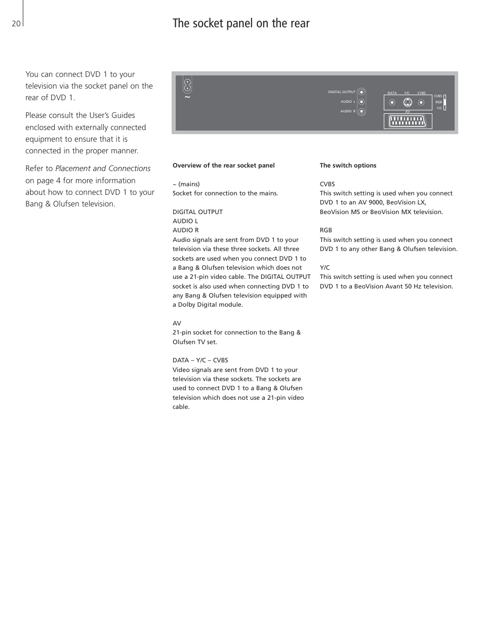The socket panel on the rear | Bang & Olufsen DVD 1 - User Guide User Manual | Page 20 / 23