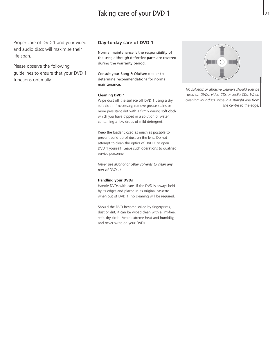 Taking care of your dvd 1, Day-to-day care of dvd 1 | Bang & Olufsen DVD 1 - User Guide User Manual | Page 21 / 23