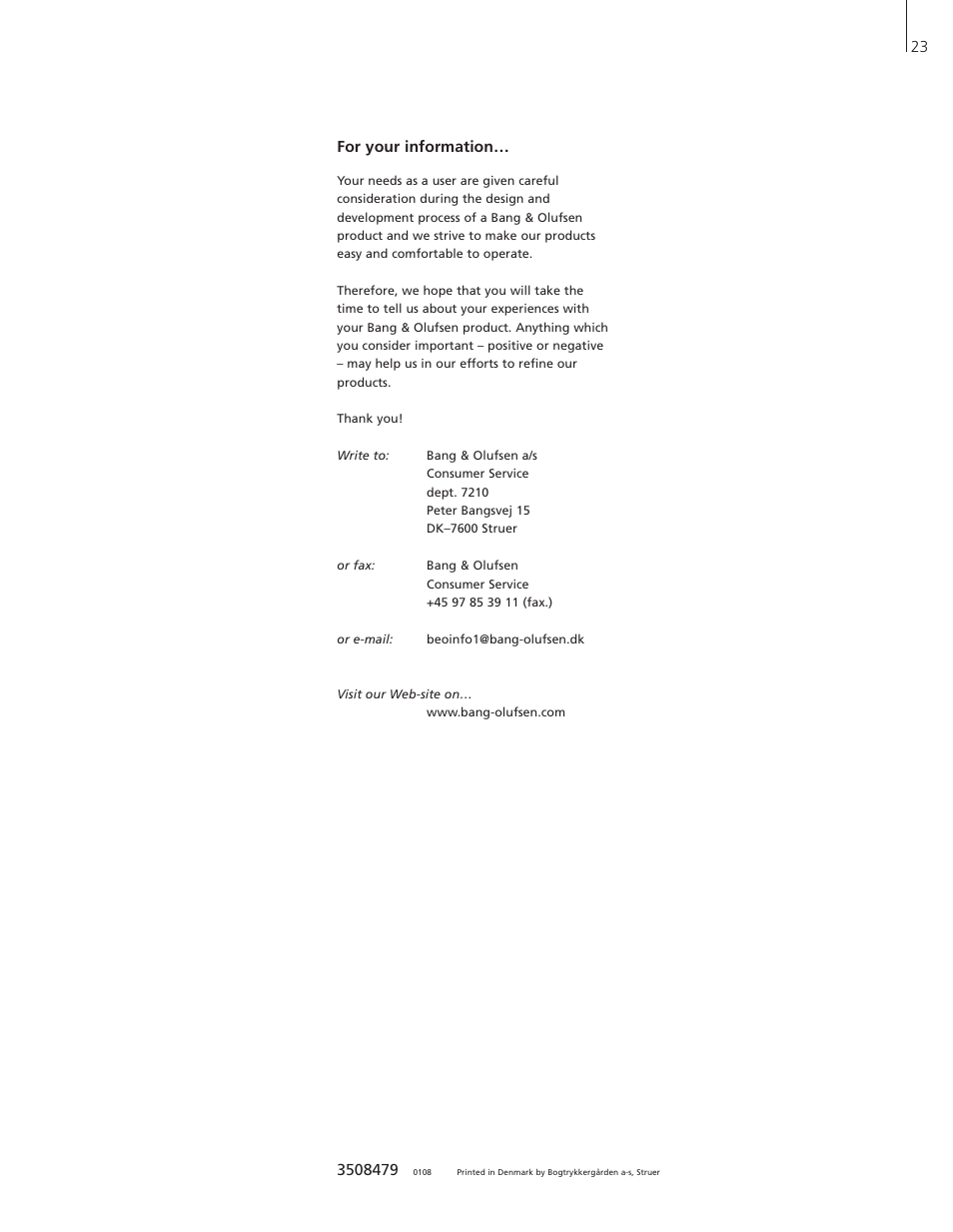For your information | Bang & Olufsen DVD 1 - User Guide User Manual | Page 23 / 23