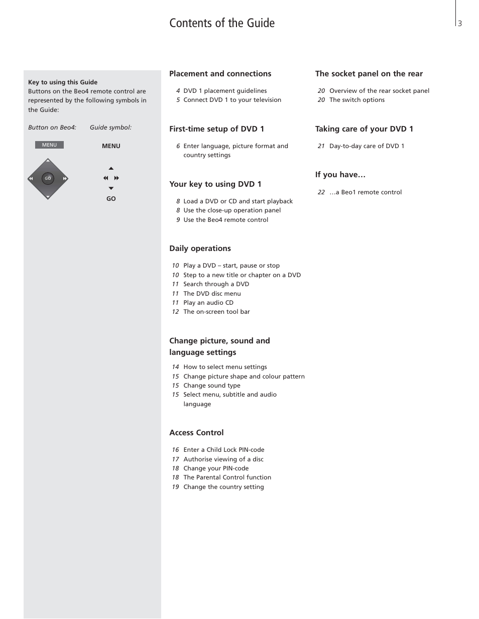 Contents of the guide | Bang & Olufsen DVD 1 - User Guide User Manual | Page 3 / 23