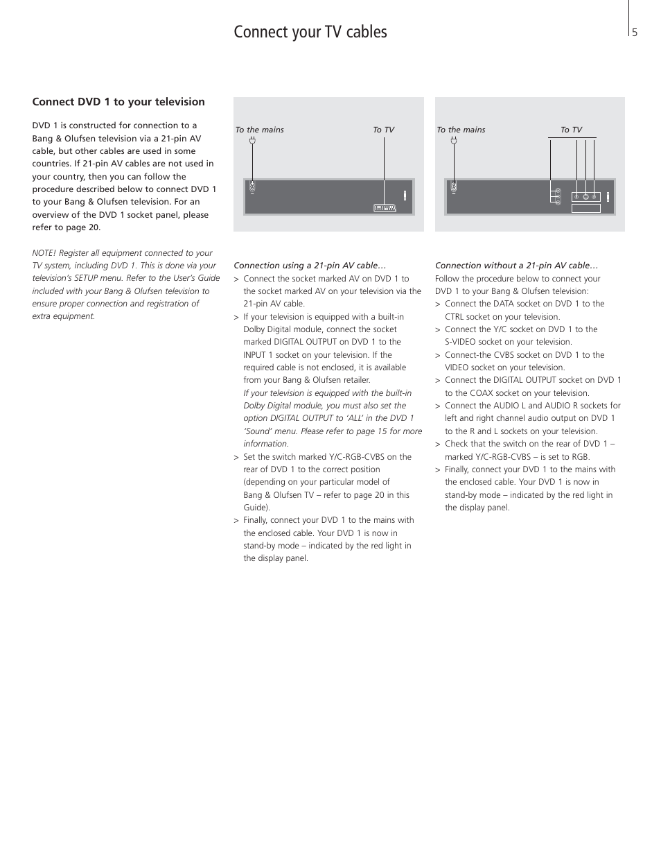 Connect your tv cables, Connect dvd 1 to your television | Bang & Olufsen DVD 1 - User Guide User Manual | Page 5 / 23