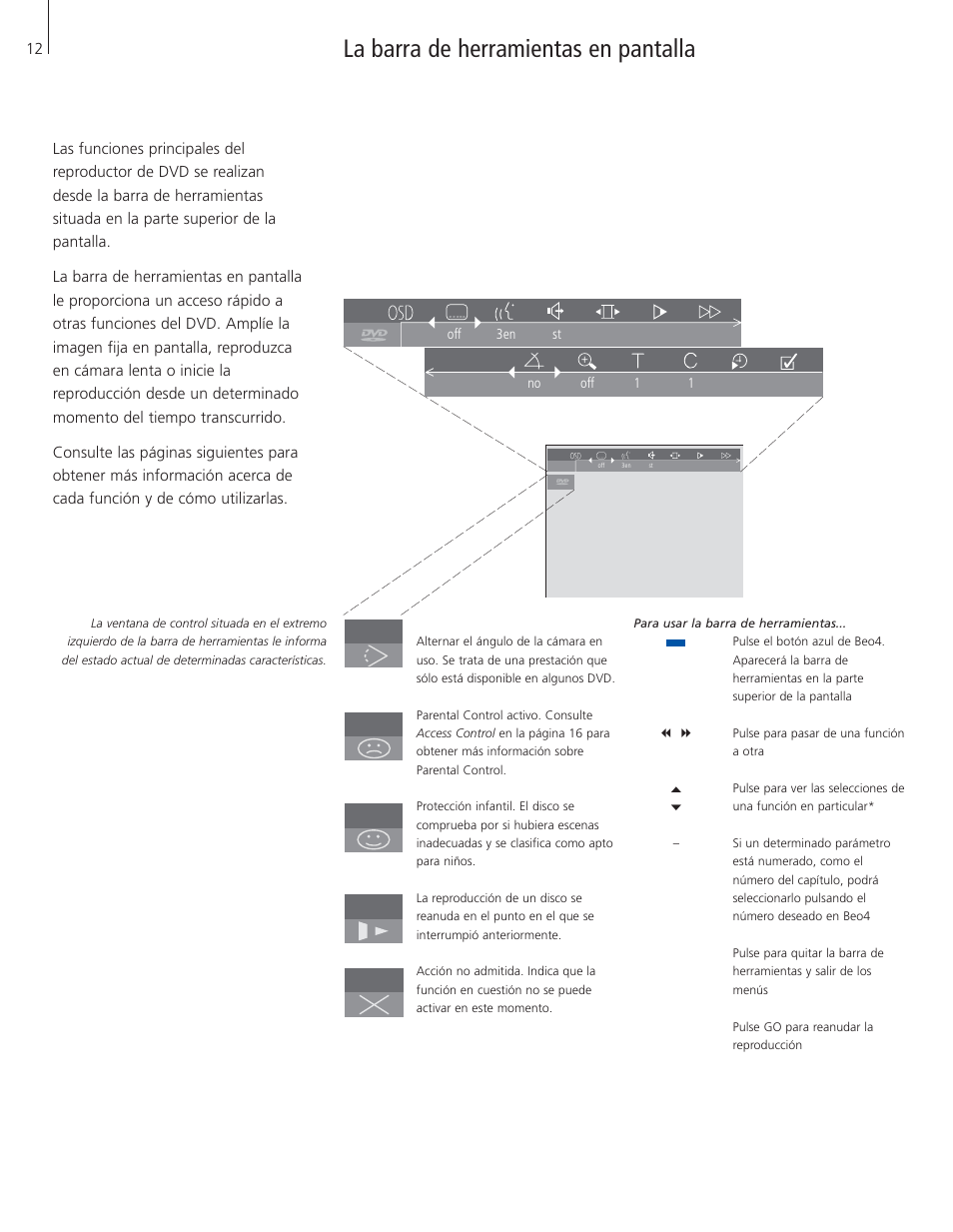 La barra de herramientas en pantalla, La barra de herramientas | Bang & Olufsen DVD 1 - User Guide User Manual | Page 12 / 24