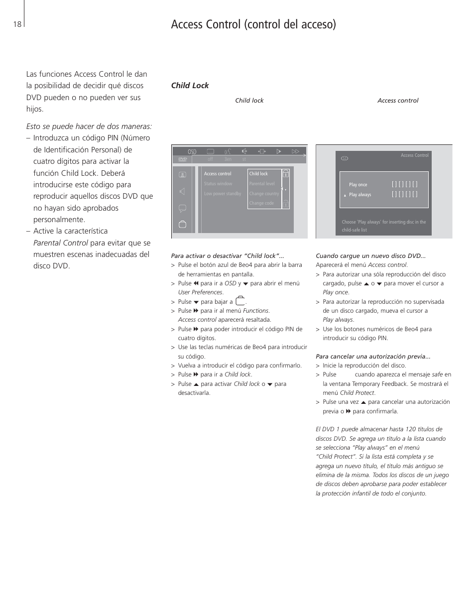 Access control (control del acceso), Autorización del visionado de un disco | Bang & Olufsen DVD 1 - User Guide User Manual | Page 18 / 24