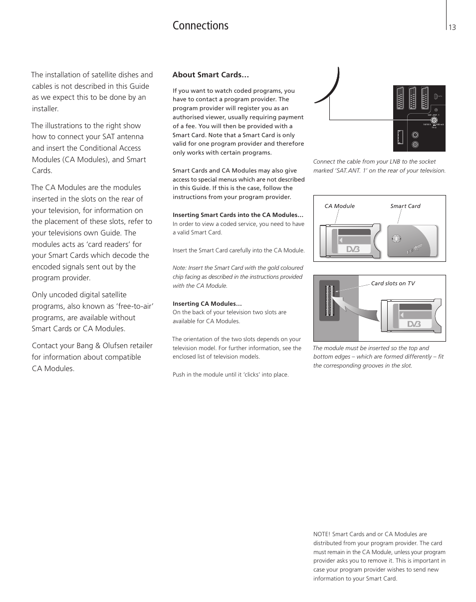 Connections, About smart cards | Bang & Olufsen DVB-S - User Guide User Manual | Page 13 / 20