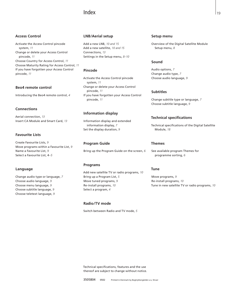 Index | Bang & Olufsen DVB-S - User Guide User Manual | Page 19 / 20