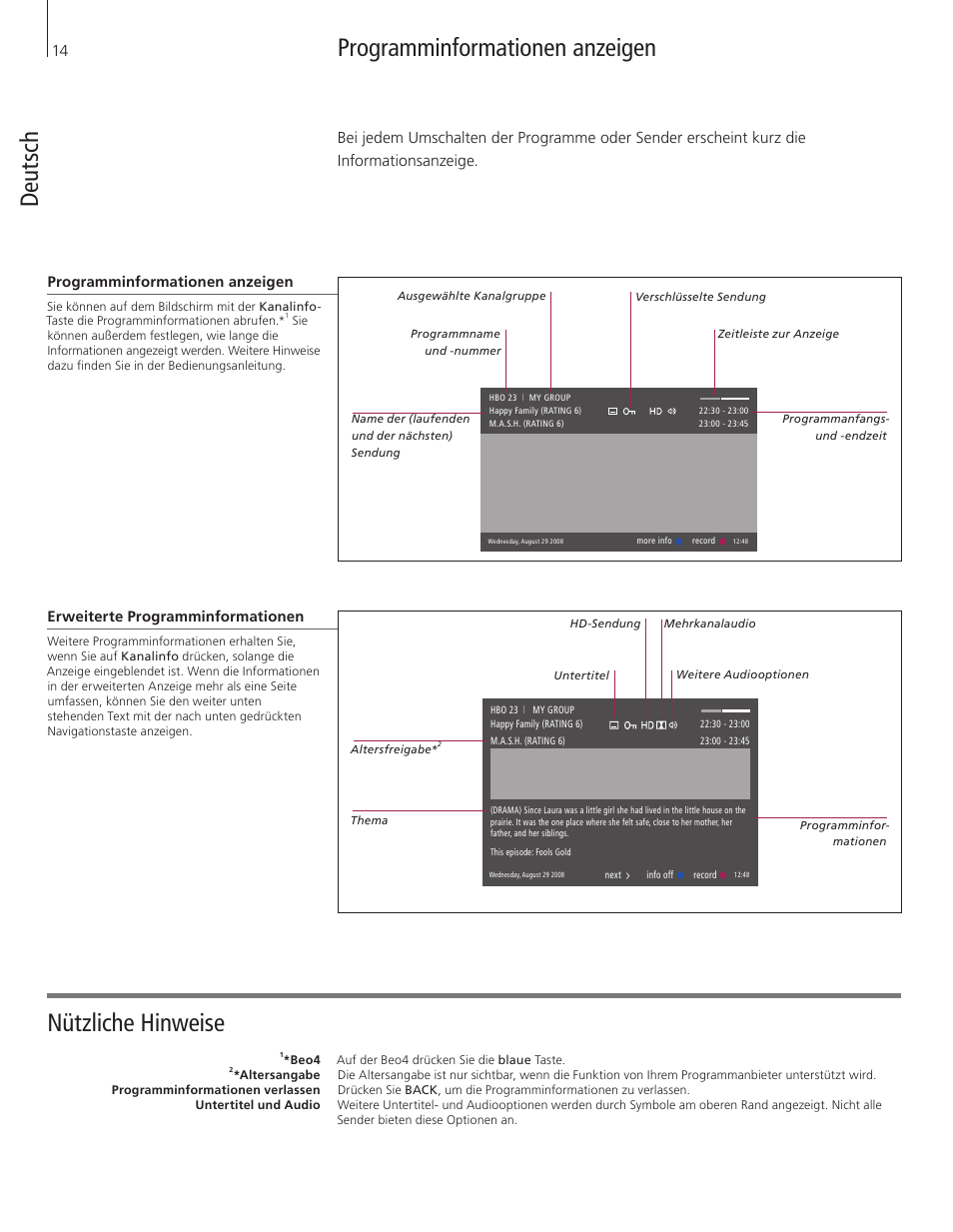 De ut sc h programminformationen anzeigen, Nützliche hinweise | Bang & Olufsen DVB-HD - Getting Started User Manual | Page 14 / 56