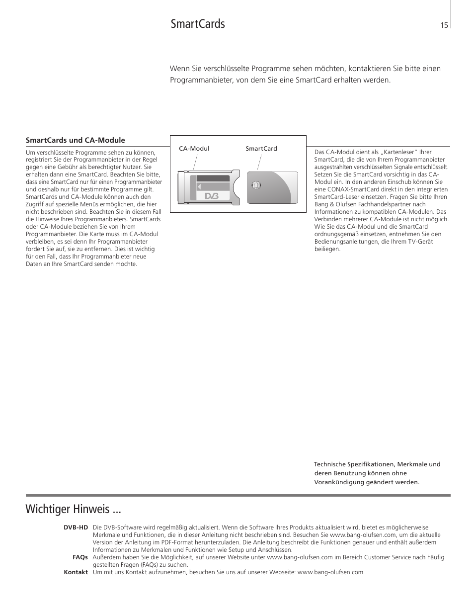 Smartcards wichtiger hinweis | Bang & Olufsen DVB-HD - Getting Started User Manual | Page 15 / 56
